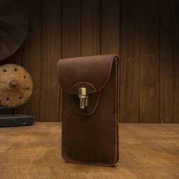 El yapımı hakiki inek derisi cep telefonu çantası erkek bel çantası çok fonksiyonlu çanta Çılgın at deri kemer bel çantası uygun küçük 19
