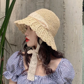 El yapımı Örgü güneş şapkaları Kadınlar için kurdele bağı Up Büyük Ağız Hasır Şapka Açık plaj şapkası Yaz Kapaklar 7