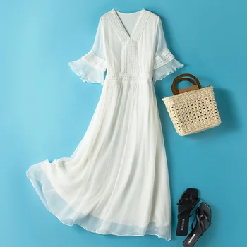 Elbise İpek Yaz 100 % Gerçek Beyaz Plaj Elbise Uzun Elbiseler Kadınlar için 2023 Zarif Kore Moda Elbiseler De Verano Gxy11 12