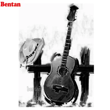 Elmas Boyama 5D kovboy şapkası Gitar Siyah Ve Beyaz Sanat Elmas Nakış DIY Tam Matkap Kare Çapraz Dikiş Seti Duvar dekor