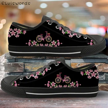 ELVISWORDS Kadın Düşük Üst kanvas ayakkabılar Bisiklet ve Çiçek Tasarım Nefes Lace Up Sneakers Kızlar Bayanlar Rahat vulkanize ayakkabı