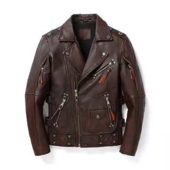 Erkek Gerçek Deriden Yapılmış Moto Ceket %100 % Doğal Dana Derisi Hakiki Deri Ceket Vintage Sıkıntılı Yaka Kısa Klasik Ceket 18