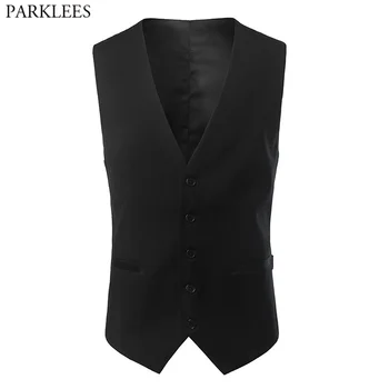 Erkek V Yaka Kolsuz Slim Fit Takım Elbise Yelek Yüksek Kaliteli Resmi İş düğün elbisesi Yelek Yelek Erkekler için Jile Homme Siyah 16