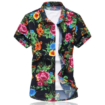 Erkekler 2023 Yeni Gömlek Yaz Yumuşak Pamuk Nefes Rahat erkek giyim Trendi Turn-aşağı Yaka Çiçek Baskılı Gömlek Homme 10