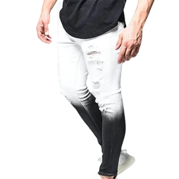 Erkekler Yırtık Delik Degrade Renk Pantolon Fermuar Manşet Çok Cepler Sıska koşu kotları Yaz Streetwear 21