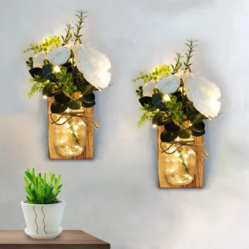Ev dekorasyon cam turşu kavanozu LED dize ışık duvar lambası peri Garland dize ışık rustik duvar aplikleri sahte çiçek dekor gül / şakayık 17