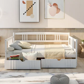 Ev Modern Daybed Ahşap Mobilya yatak odası mobilyası Yatak Çerçeveleri Üsleri Tam Boy Daybed Ahşap Yatak İki Çekmeceli Beyaz 4