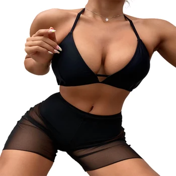 FS Seksi Kadınlar Siyah Halter Lace Up bikini seti Kalça Önlük Mayo Düz Renk Büstiyer Mayo İki Adet Mayo Bayan İçin 12