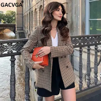 GACVGA 2021 Sonbahar Kadın Ekose Blazers ve Ceket Çalışma Ofisi Bayan Takım Elbise İnce Kruvaze İş Kadın Blazer Ceket Talever