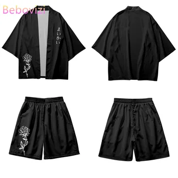 Geleneksel Gül Baskı İki parçalı Takım Yukata Harajuku Japon Hırka Erkekler Cosplay Samurai Haori Giyim Kadın Kimono Şort 1