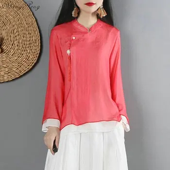 Geleneksel Çin gömlek uzun kollu mandarin yaka bluzlar kadın zen giyim pamuk keten bluz G165 10