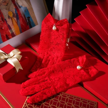 Gelin eldiven kısa gelinlik dantel zarif tost elbise düğün kırmızı inci gösterisi Wo elbise 20