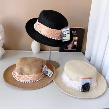 Geniş Ağızlı Yaz Şapka Kadınlar için Düz Üst İnci Dokuma Dekorasyon Hasır Şapka güneş şapkası plaj şapkası Güneş Koruma Kentucky Derby Şapka 12