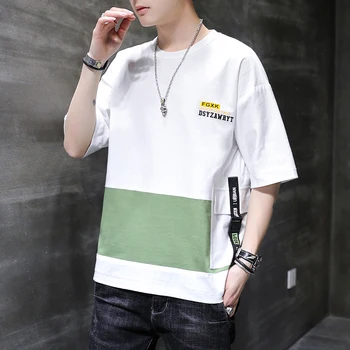 Gençler İçin Erkek Casual Kısa Kollu T-Shirt Üst Tee Harajuku 2022 Yaz Kore Moda Yamalı Pamuklu TShirt Hip Hop Giyim 6