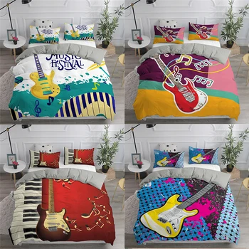 Gitar Piyano 3D nevresim takımı Lüks Yorgan yatak örtüsü seti Yorgan / nevresim 2/3 Adet Yatak Örtüsü Ev Tekstili Kız Yetişkinler İçin 21