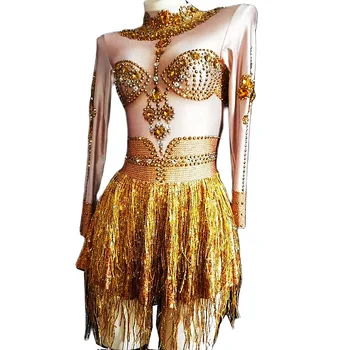 Glitter Altın Saçaklar Uzun Kollu Kadın Elbiseler Parlayan Elmas Kısa Elbiseler Gece Kulübü DJ Şarkıcı Sahne Performansı Kostüm