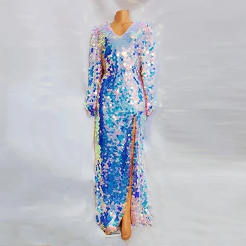 Glitter Sequins Mesh Bölünmüş uzun elbise Kadın Şarkıcı Modeli Podyum Sahne Giyim Akşam Parti Balo Sürükle Kraliçe dans kostümü 11