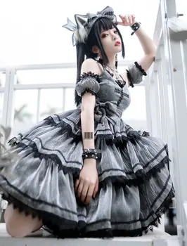 Gotik Lolita JSK Elbise Askıları katmanlı Ruffles Kolsuz Lolita Elbise Yay İle