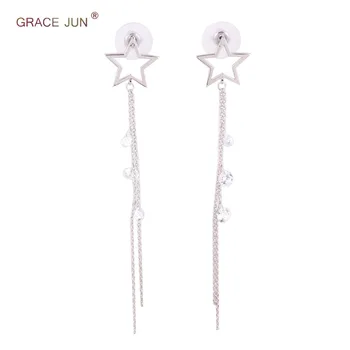 Grace Haziran Bakır Malzeme CZ Gümüş Renk Uzun Püskül Damla Küpe Kız Parti Düğün için Sevimli Yıldız Küpe İyi Hediye 12