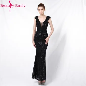 Güzellik Emily Yeni Varış Seksi Aç Geri Siyah Gece Elbisesi 2020 Lüks Payetli Dantel V Boyun Püskül Mermaid balo kıyafetleri
