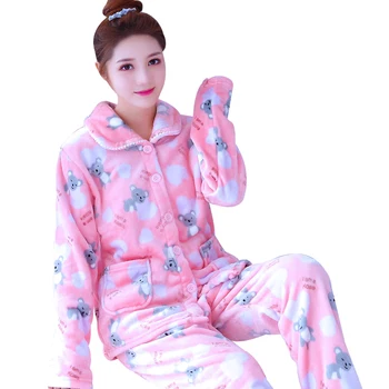 H5865 Pijama Kadın Kış Uzun Kollu Pijama Kalınlaşmış Pazen Ev Giyim Mercan Polar Güzel Karikatür Baskı Kıyafeti