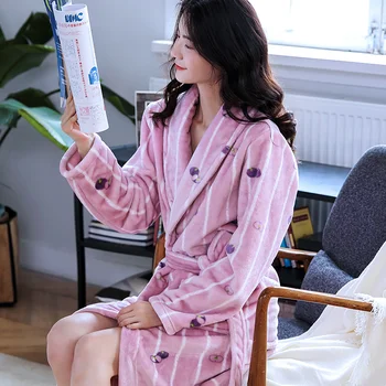 H5926 Yabanmersini Baskılı Kadın Elbiseler Pazen Kalınlaşmış Mercan Polar Sıcak Bornoz Sonbahar Kış Sevimli Kore Kadın Pijama 13
