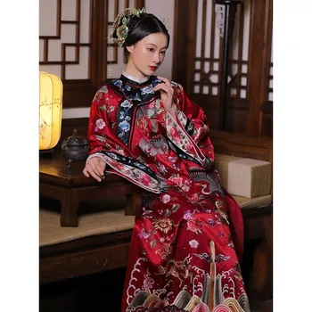 Hanfu Geleneksel Çin Cosplay Kostümleri Qing Hanedanı Qipao Kırmızı Baskı Taklit Nakış Geliştirilmiş Pelerin Cheongsam Elbise 21