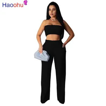 HAOOHU 2020 Kadın Setleri Yaz Eşofman Straplez Cepler Kırpma Üstleri+Pantolon Takım Elbise İki Parçalı Set Gece Kulübü Kıyafetleri 2 adet Sokak 1
