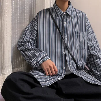Harajuku Dikey Çizgili Uzun Kollu Gömlek Erkekler İçin Yüksek Sokak Hip Hop Büyük Boy Japon Streetwear Unisex Rahat Çift Tops