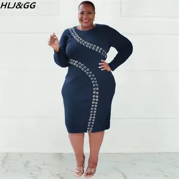 HLJ & GG Moda Hollow Out Bandaj Tasarım Elbiseler Artı Boyutu kadın kıyafetleri XL-5XL Güz Katı O Boyun Uzun Kollu Orta Elbise Vestidos 2