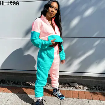 HLJ & GG Rahat Renk Patchwork koşucu pantolonu Setleri Kadın Fermuar Uzun Kollu Kazak Ve Pantolon Iki Parçalı Eşofman Kadın Kıyafetleri 1