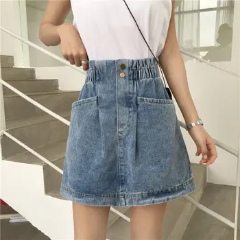 HziriP Kore Şık Yaz Elastik Yüksek Bel Jean Bayan İnce Basit Sıcak 2019 Yeni Femme Streetwear Denim Kadın A-Line Etekler 17