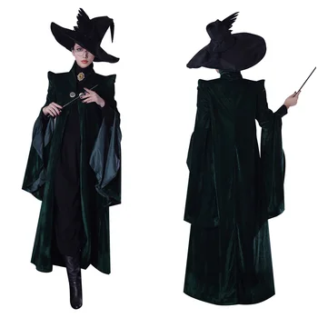 Hızlı Kargo Profesör Minerva McGonagall Cosplay Kostüm Yeşil Robe Cloak Elbise Ceket Kıyafetler Cadılar Bayramı Kostümleri 15