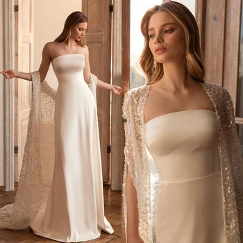 Iki Adet Dantel Aplikler düğün elbisesi Straplez Şal gelinlikler Kat Uzunluk Saten Custom Made Vestido De Noiva 8
