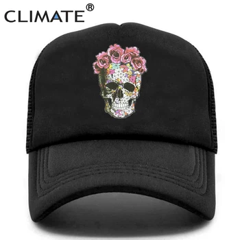 IKLİM Çiçek İskelet kamyon şoförü şapkası Serin Erkekler Kafatası Kemik çiçekli kapak HipHop Kapaklar Yaz Bloodcurdling Siyah file şapka Şapka Erkekler için 19