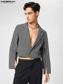 INCERUN Erkekler Blazer Düz Renk Yaka Uzun Kollu Hollow Out Streetwear Moda Rahat Kırpma Takım Elbise 2022 Bir Düğme Erkekler İnce Palto 21