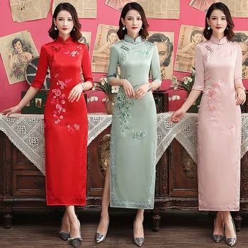 Ipek İşlemeli Uzun Cheongsam 2020 Yeni Geliştirilmiş Büyük kollu Eski Shanghai İnce Günlük Cheongsam Qipao çin elbisesi Qipao 6