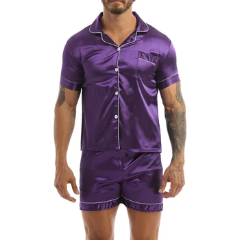 Ipeksi Saten Pijama Pijama Salonu Erkekler Kısa Kollu Çentik Yaka Düğme Aşağı Gömlek Elastik Bel baksır şort