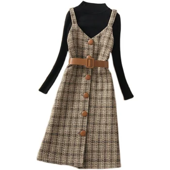 İki Set Elbiseler 2021 Kış Yeni Şık Örme Kazak+Düğmeleri Ekose Kemer Rahat Askısı Vestidos İle Yün Elbise Sıcak Parça  23