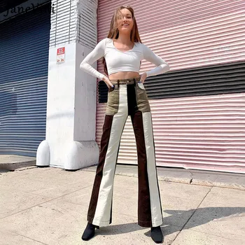 JaneVini Patchwork Kot Kadın Yüksek Bel Flare Pantolon Uzun Bahar Sonbahar Düz Cepler Kadın kot Pantolon Pantolon Streetwear 10