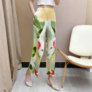 Japon tasarımcı yaz yeni pilili pantolon kadın moda günlük bol pantolon baskılı dokuz noktalı pantolon 7