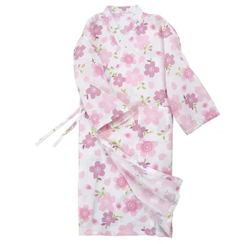 Japon Uzun Elbiseler Pijama Kadın Kiraz Çiçekleri Baskılı Kimono Pamuk Gazlı Bez Ter Buğulanmış Gecelik Eşofman
