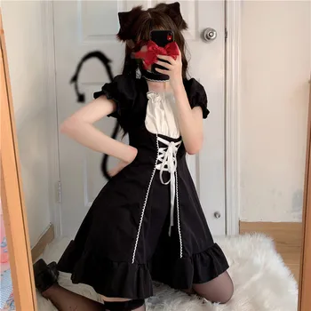 Japon yumuşak kız tatlı Lolita Hizmetçi günlük puf kollu Cosplay bel kısa kollu elbise kawaii kız kadın elbise 9
