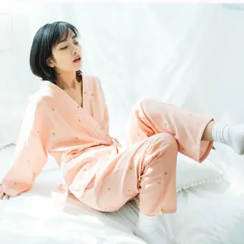 Japon Yüksek dereceli %100 % Pamuklu Gazlı Bez Pijama Takım Elbise V Yaka Kimono Pijama Artı Boyutu Çiçek Baskı Pijama Loungewear Pj Seti 13