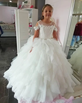 Jewel Boyun Düğün Çiçek Kız Elbise Aplike Lace Up Geri Communion Elbise Uzun Ruffles Tül Bebek Doğum Günü Partisi Törenlerinde 8