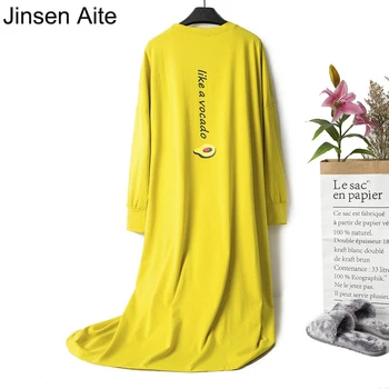 Jinsen Aite Pamuk kadın Pijama Yeni Bahar Yaz Uzun Kollu Gece Elbise Rahat Gevşek Nightgowns JS780 7