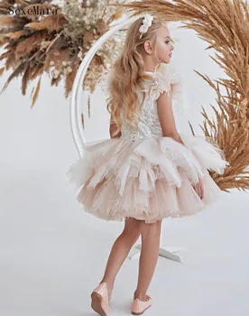 Kabarık Şampanya Tül O Boyun Çiçek Kız Elbise Düğün Elbisesi Diz Boyu Çocuk Giysileri İlk Communion Elbise Özel 6