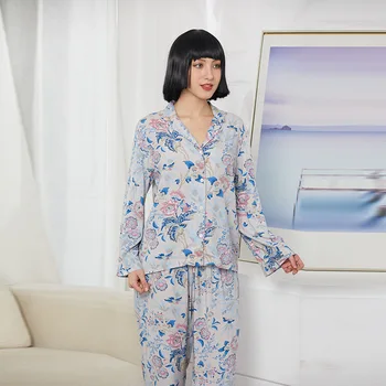 Kadın Bahar Pijama Seti Uzun kollu Pantolon Pijama Rahat Nefes Pijama Viskon Baskı İki Parçalı Set Salonu aşınma 12