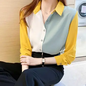 Kadın Colorblock Bluz Şifon Gömlek Gevşek Dip Üst Giysi