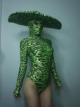 Kadın Dans Takımı Caz Sahne Giyim Yeşil Set Zebra Desen Streç Sıska Bodysuit Büyük Şapka Dans Kıyafeti Bar Gece Kulübü DS Kostüm 20